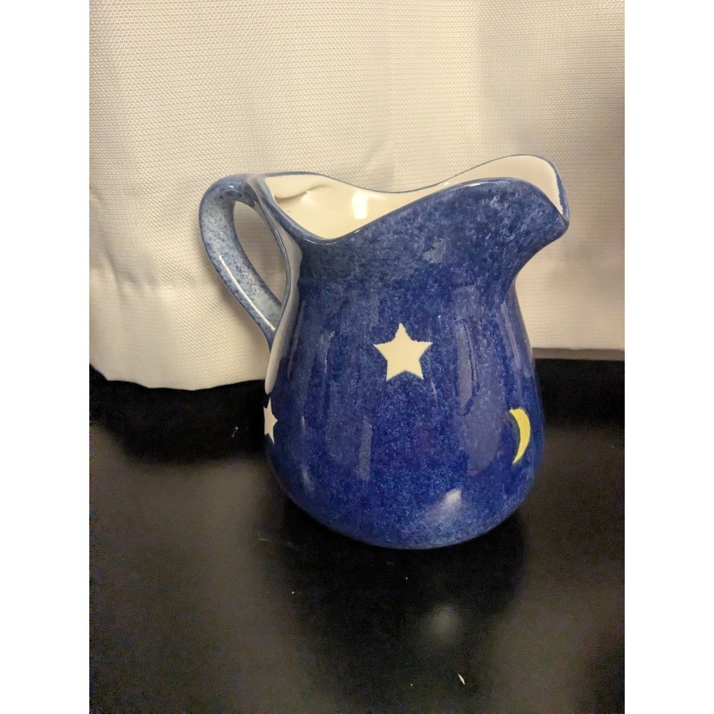 90s Celestial Blue Star Moon Pitcher Whimsigoth Pottery - Picture 2 of 5